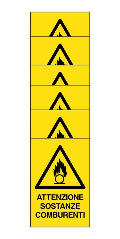 KIT DI 6 ADESIVI RETTANGOLARI - attenzione sostanze comburenti- Pittogramma ISO 7010 Con Stampa Diretta U.V. (IDEALE ANCHE PER ESTERNO)