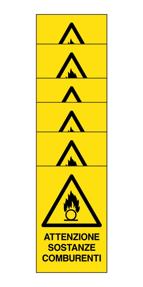 KIT DI 6 ADESIVI RETTANGOLARI - attenzione sostanze comburenti- Pittogramma ISO 7010 Con Stampa Diretta U.V. (IDEALE ANCHE PER ESTERNO)