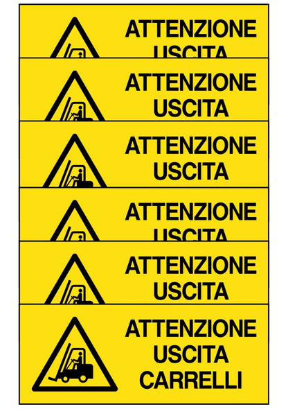 GLOBAL KIT DI 6 ADESIVI UNI - attenzione uscita carrelli - Pittogramma ISO 7010 Con Stampa Diretta U.V. (IDEALE ANCHE PER ESTERNO)