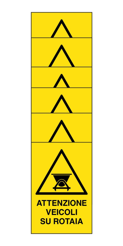 KIT DI 6 ADESIVI RETTANGOLARI - attenzione veicoli su rotaia - Pittogramma ISO 7010 Con Stampa Diretta U.V. (IDEALE ANCHE PER ESTERNO)