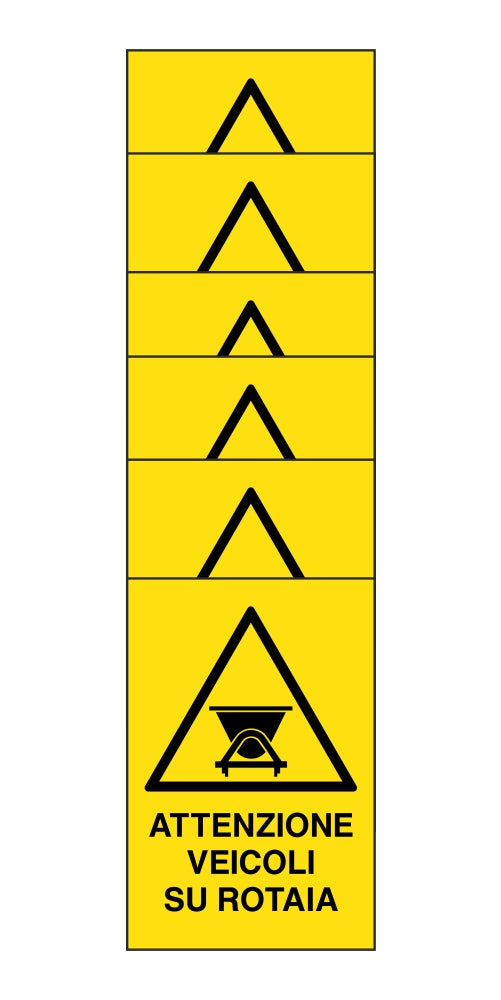 KIT DI 6 ADESIVI RETTANGOLARI - attenzione veicoli su rotaia - Pittogramma ISO 7010 Con Stampa Diretta U.V. (IDEALE ANCHE PER ESTERNO)