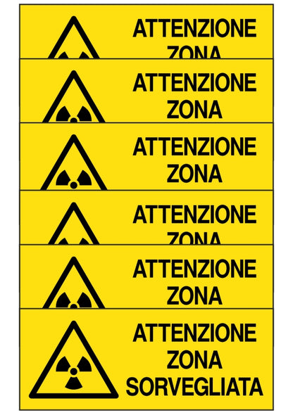 KIT DI 6 ADESIVI UNI - attenzione zona sorvegliata - Pittogramma ISO 7010 Con Stampa Diretta U.V. (IDEALE ANCHE PER ESTERNO)