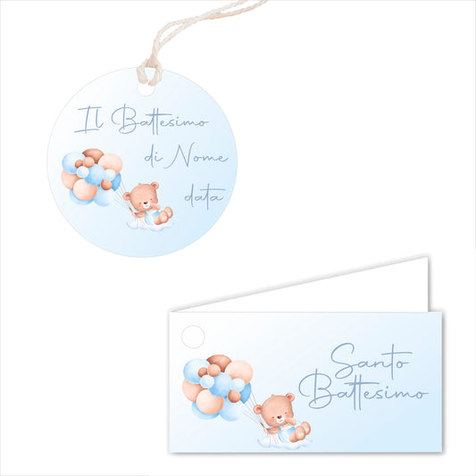 GLOBAL Bigliettini Bomboniera per Battesimo Personalizzato - ORSETTO BIMBO - Bigliettini Bomboniera con piega, Bigliettini Bomboniera tondo, Personalizzati con Nome e Data, MADE IN ITALY