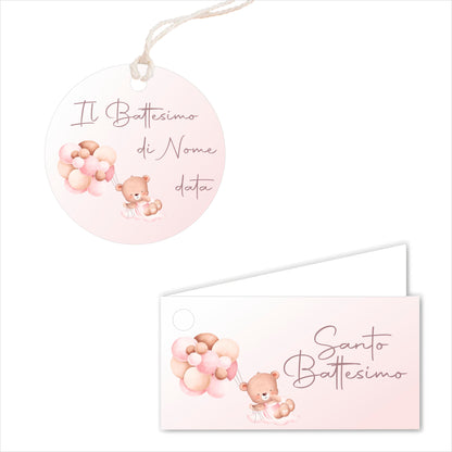 GLOBAL Bigliettini Bomboniera per Battesimo Personalizzato - ORSETTO BIMBA - Bigliettini Bomboniera con piega, Bigliettini Bomboniera tondo, Personalizzati con Nome e Data, MADE IN ITALY