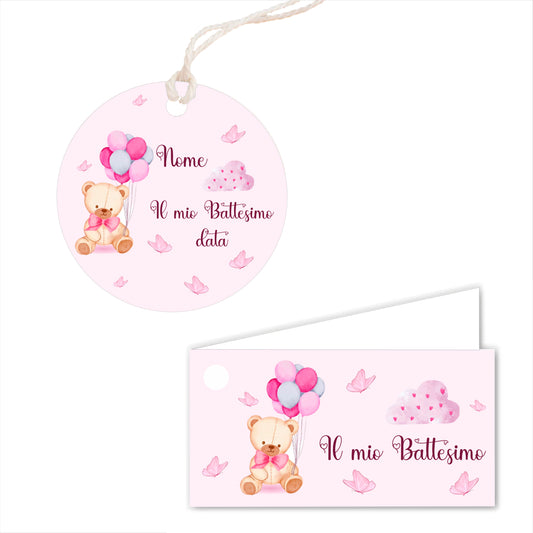 GLOBAL Bigliettini Bomboniera per Battesimo Personalizzato - ORSETTO E PALLONCINI BIMBA - Bigliettini Bomboniera con piega, Bigliettini Bomboniera tondo, Personalizzati con Nome e Data, MADE IN ITALY