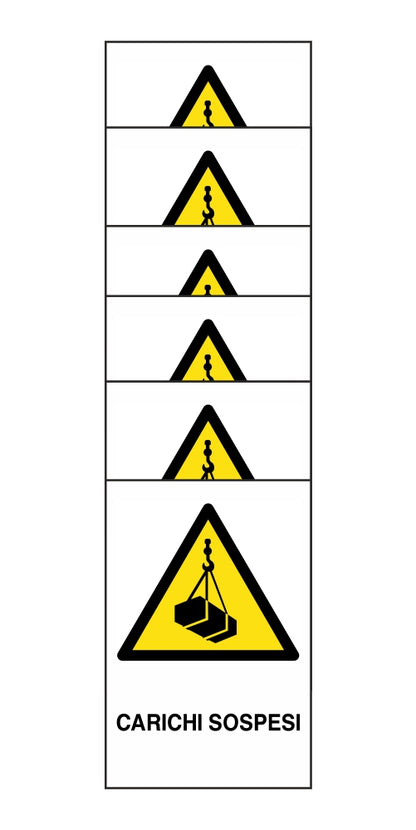 KIT DI 6 ADESIVI RETTANGOLARI - carichi sospesi - Pittogramma ISO 7010 Con Stampa Diretta U.V. (IDEALE ANCHE PER ESTERNO)