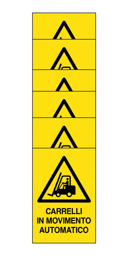 KIT DI 6 ADESIVI RETTANGOLARI - carrelli in movimento automatico - Pittogramma ISO 7010 Con Stampa Diretta U.V. (IDEALE ANCHE PER ESTERNO)