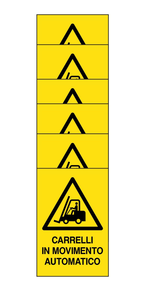 KIT DI 6 ADESIVI RETTANGOLARI - carrelli in movimento automatico - Pittogramma ISO 7010 Con Stampa Diretta U.V. (IDEALE ANCHE PER ESTERNO)