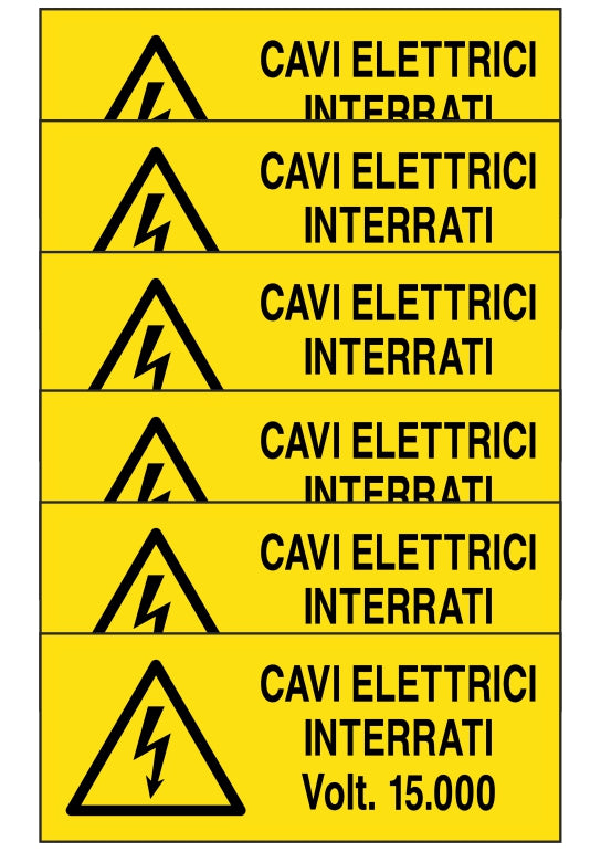 KIT DI 6 ADESIVI UNI - cavi elettrici interrati volt 15000 - Pittogramma ISO 7010 Con Stampa Diretta U.V. (IDEALE ANCHE PER ESTERNO)