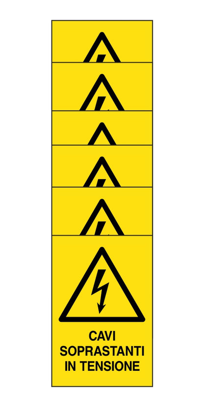KIT DI 6 ADESIVI RETTANGOLARI - cavi soprastanti in tensione - Pittogramma ISO 7010 Con Stampa Diretta U.V. (IDEALE ANCHE PER ESTERNO)