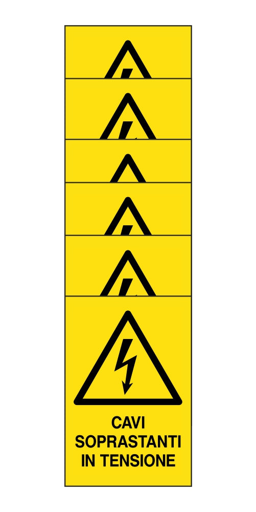 KIT DI 6 ADESIVI RETTANGOLARI - cavi soprastanti in tensione - Pittogramma ISO 7010 Con Stampa Diretta U.V. (IDEALE ANCHE PER ESTERNO)