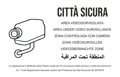 GLOBAL CARTELLO SEGNALETICO - città sicura areavideosorvegliata - Adesivo Extra Resistente, Pannello in Forex, Pannello In Alluminio