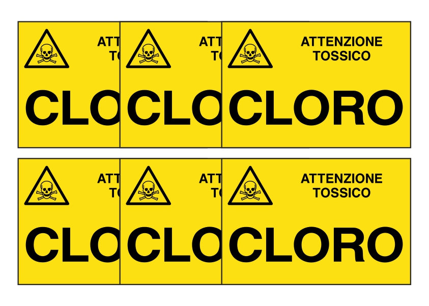 KIT DI 6 ADESIVI RETTANGOLARI - CLORO - Pittogramma ISO 7010 Con Stampa Diretta U.V. (IDEALE ANCHE PER ESTERNO)