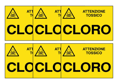 KIT DI 6 ADESIVI RETTANGOLARI - CLORO - Pittogramma ISO 7010 Con Stampa Diretta U.V. (IDEALE ANCHE PER ESTERNO)