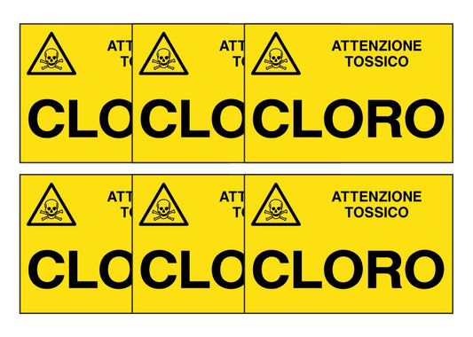KIT DI 6 ADESIVI RETTANGOLARI - CLORO - Pittogramma ISO 7010 Con Stampa Diretta U.V. (IDEALE ANCHE PER ESTERNO)
