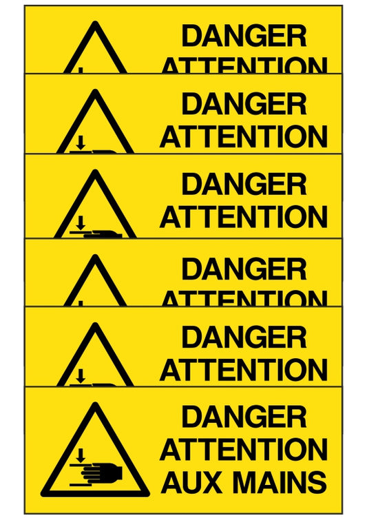 KIT DI 6 ADESIVI UNI - danger attention aux mains - Pittogramma ISO 7010 Con Stampa Diretta U.V. (IDEALE ANCHE PER ESTERNO)