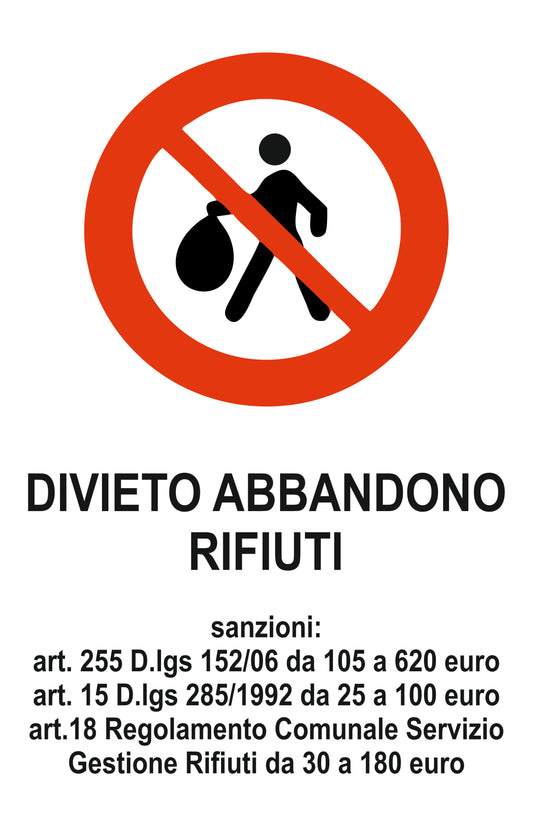 GLOBAL CARTELLO SEGNALETICO - divieto di abbandono rifiuti - Adesivo Extra Resistente, Pannello in Forex, Pannello In Alluminio