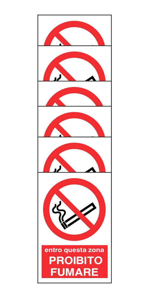 KIT DI 6 ADESIVI RETTANGOLARI - ENTRO QUESTA ZONA PROIBITO FUMARE - Pittogramma ISO 7010 Con Stampa Diretta U.V. (IDEALE ANCHE PER ESTERNO)