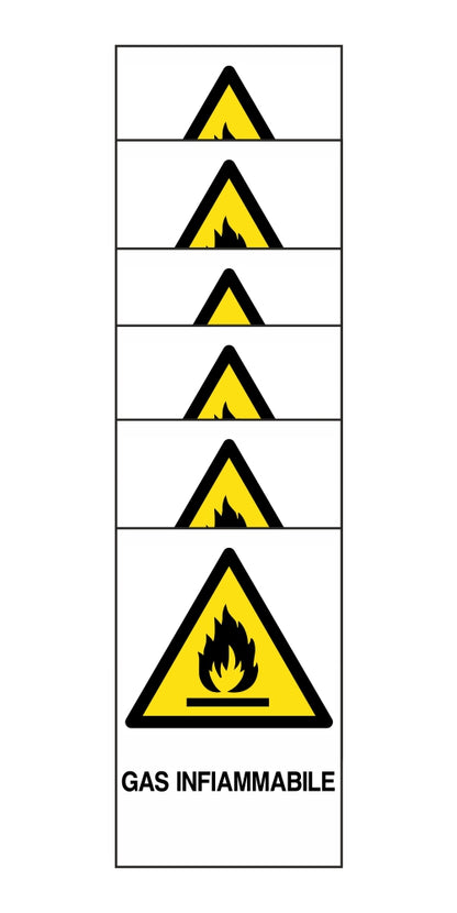 KIT DI 6 ADESIVI RETTANGOLARI - gas infiammabile - Pittogramma ISO 7010 Con Stampa Diretta U.V. (IDEALE ANCHE PER ESTERNO)