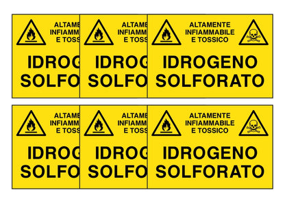 KIT DI 6 ADESIVI RETTANGOLARI - IDROGENO SOLFORATO - Pittogramma ISO 7010 Con Stampa Diretta U.V. (IDEALE ANCHE PER ESTERNO)