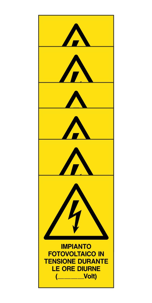 KIT DI 6 ADESIVI RETTANGOLARI - impianto fotovoltaico in tensione durante le ore diurne - Pittogramma ISO 7010 Con Stampa Diretta U.V. (IDEALE ANCHE PER ESTERNO)