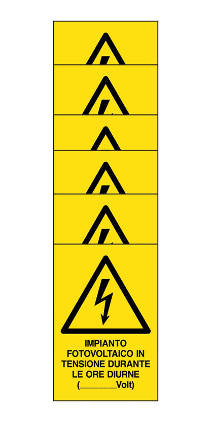 KIT DI 6 ADESIVI RETTANGOLARI - impianto fotovoltaico in tensione durante le ore diurne - Pittogramma ISO 7010 Con Stampa Diretta U.V. (IDEALE ANCHE PER ESTERNO)