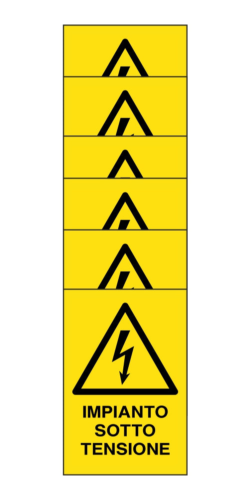 KIT DI 6 ADESIVI RETTANGOLARI - impianto sotto tensione - Pittogramma ISO 7010 Con Stampa Diretta U.V. (IDEALE ANCHE PER ESTERNO)