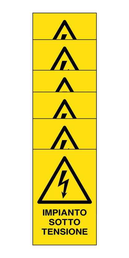 KIT DI 6 ADESIVI RETTANGOLARI - impianto sotto tensione - Pittogramma ISO 7010 Con Stampa Diretta U.V. (IDEALE ANCHE PER ESTERNO)