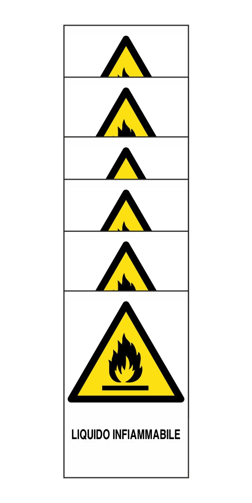 KIT DI 6 ADESIVI RETTANGOLARI - liquido infiammabile - Pittogramma ISO 7010 Con Stampa Diretta U.V. (IDEALE ANCHE PER ESTERNO)
