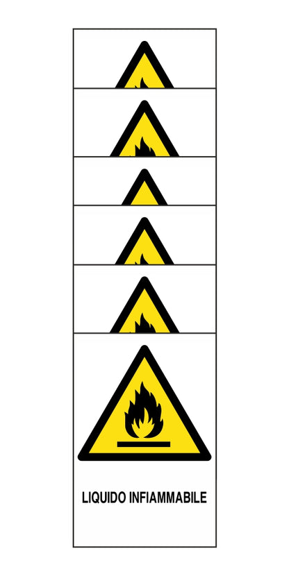 KIT DI 6 ADESIVI RETTANGOLARI - liquido infiammabile - Pittogramma ISO 7010 Con Stampa Diretta U.V. (IDEALE ANCHE PER ESTERNO)