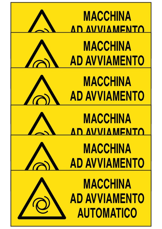 GLOBAL KIT DI 6 ADESIVI UNI - macchina ad avviamento automatico - Pittogramma ISO 7010 Con Stampa Diretta U.V. (IDEALE ANCHE PER ESTERNO)