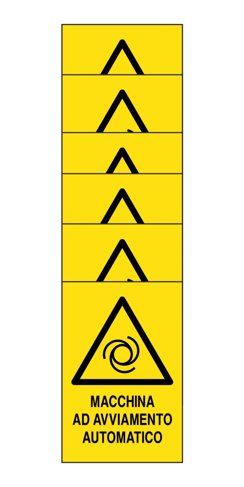 KIT DI 6 ADESIVI RETTANGOLARI - macchina ad avviamento automatico - Pittogramma ISO 7010 Con Stampa Diretta U.V. (IDEALE ANCHE PER ESTERNO)