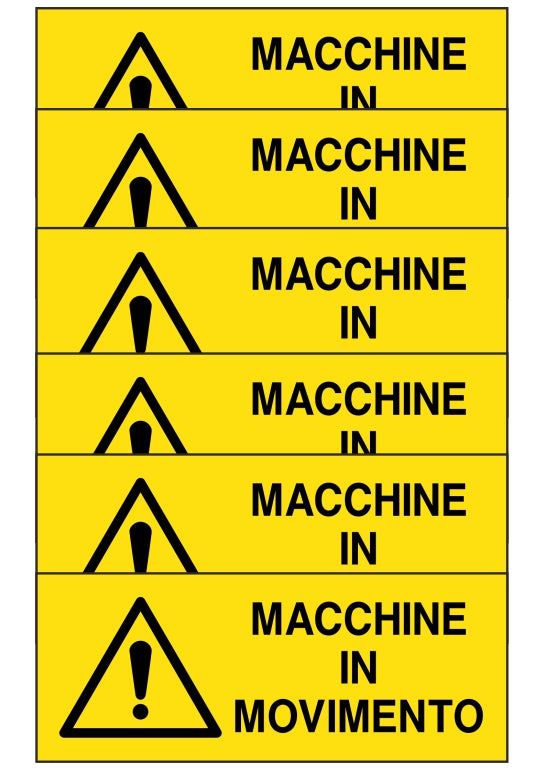 KIT DI 6 ADESIVI UNI - macchine in movimento - Pittogramma ISO 7010 Con Stampa Diretta U.V. (IDEALE ANCHE PER ESTERNO)