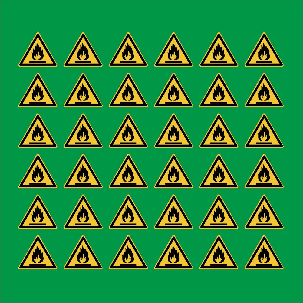 PACCO DA 6 KIT DI 6 ADESIVI TRIANGOLARI - materiali infiammabili  - Pittogramma ISO 7010 Con Stampa Diretta U.V.