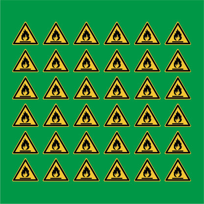 PACCO DA 6 KIT DI 6 ADESIVI TRIANGOLARI - materiali infiammabili  - Pittogramma ISO 7010 Con Stampa Diretta U.V.