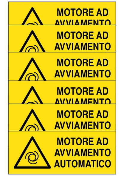 GLOBAL KIT DI 6 ADESIVI UNI - motore ad avviamento automatico - Pittogramma ISO 7010 Con Stampa Diretta U.V. (IDEALE ANCHE PER ESTERNO)