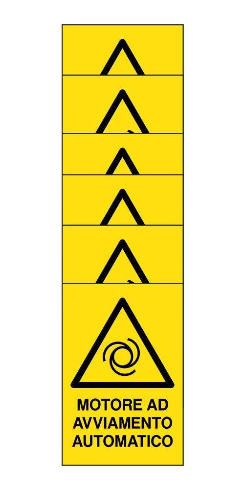 KIT DI 6 ADESIVI RETTANGOLARI - motore ad avviamento automatico - Pittogramma ISO 7010 Con Stampa Diretta U.V. (IDEALE ANCHE PER ESTERNO)
