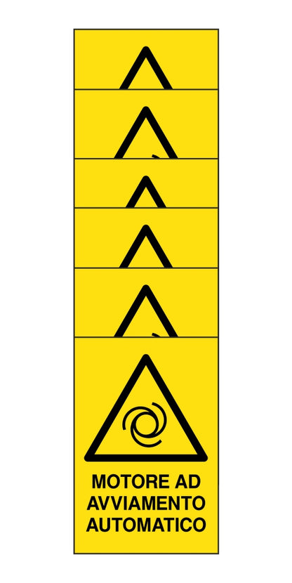 KIT DI 6 ADESIVI RETTANGOLARI - motore ad avviamento automatico - Pittogramma ISO 7010 Con Stampa Diretta U.V. (IDEALE ANCHE PER ESTERNO)