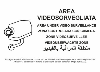 GLOBAL CARTELLO SEGNALETICO - multilingue area videosorvegliata - Adesivo Extra Resistente, Pannello in Forex, Pannello In Alluminio