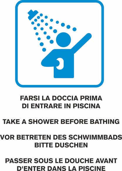 GLOBAL CARTELLO SEGNALETICO - multilingue farsi la doccia prima di entrare in piscina - Adesivo Extra Resistente, Pannello in Forex, Pannello In Alluminio