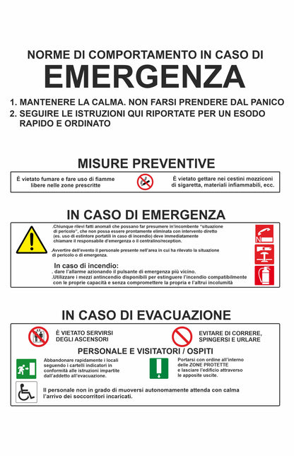 GLOBAL CARTELLO SEGNALETICO - norme di comportamento in caso di emergenza - Adesivo Extra Resistente, Pannello in Forex, Pannello In Alluminio