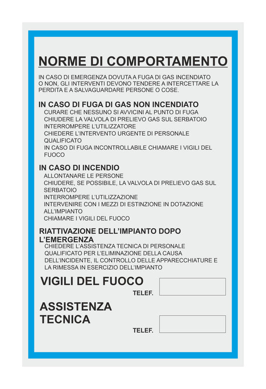 GLOBAL CARTELLO SEGNALETICO - norme di comportamento in caso di gas o incendio - Adesivo Extra Resistente, Pannello in Forex, Pannello In Alluminio