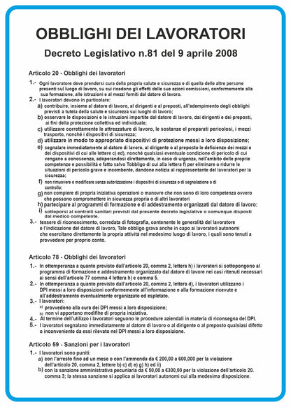 GLOBAL CARTELLO SEGNALETICO - obblighi dei lavoratori  - Adesivo Resistente, Pannello in Forex, Pannello In Alluminio