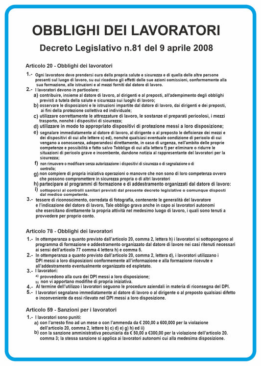 GLOBAL CARTELLO SEGNALETICO - obblighi dei lavoratori  - Adesivo Resistente, Pannello in Forex, Pannello In Alluminio