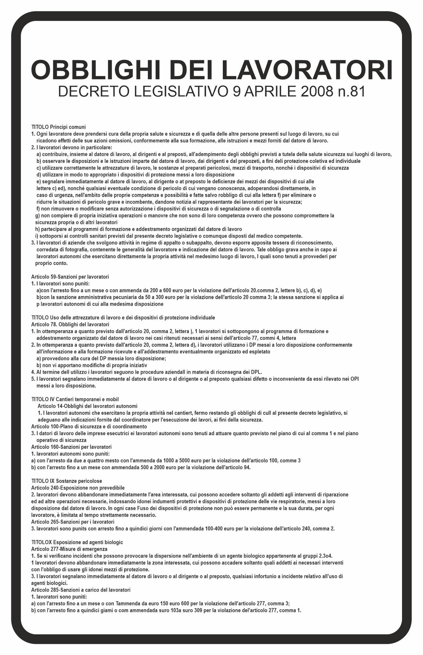 GLOBAL CARTELLO SEGNALETICO - obblighi dei lavoratori modello 2 - Adesivo Resistente, Pannello in Forex, Pannello In Alluminio