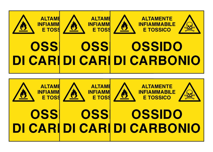 KIT DI 6 ADESIVI RETTANGOLARI - OSSIDO DI CARBONIO - Pittogramma ISO 7010 Con Stampa Diretta U.V. (IDEALE ANCHE PER ESTERNO)