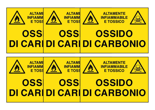 KIT DI 6 ADESIVI RETTANGOLARI - OSSIDO DI CARBONIO - Pittogramma ISO 7010 Con Stampa Diretta U.V. (IDEALE ANCHE PER ESTERNO)