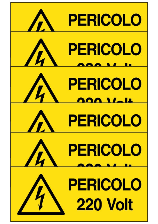 GLOBAL KIT DI 6 ADESIVI UNI - pericolo 220 volt - Pittogramma ISO 7010 Con Stampa Diretta U.V. (IDEALE ANCHE PER ESTERNO)