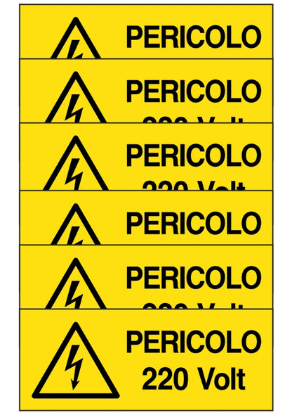 GLOBAL KIT DI 6 ADESIVI UNI - pericolo 220 volt - Pittogramma ISO 7010 Con Stampa Diretta U.V. (IDEALE ANCHE PER ESTERNO)