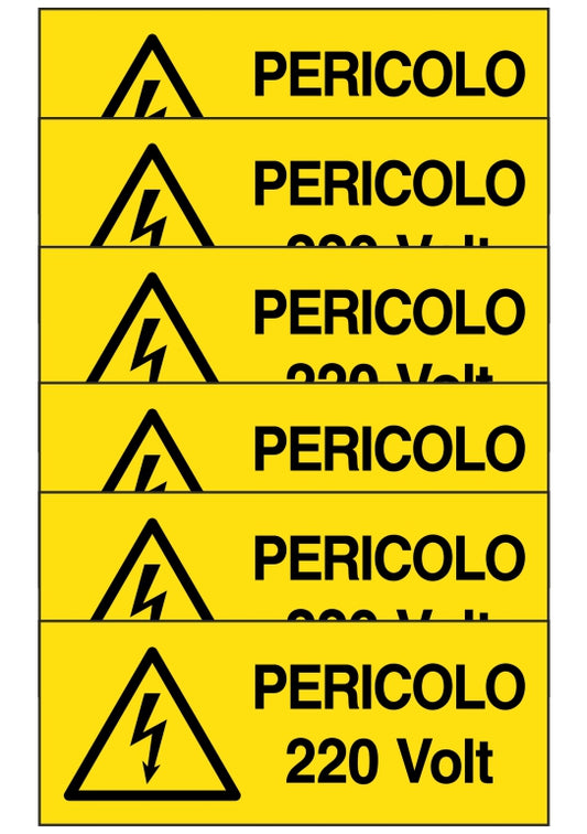 GLOBAL KIT DI 6 ADESIVI UNI - pericolo 220 volt - Pittogramma ISO 7010 Con Stampa Diretta U.V. (IDEALE ANCHE PER ESTERNO)